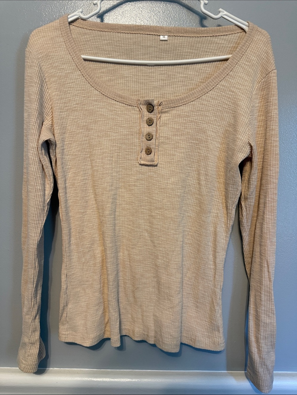 SHEIN Beige Ribbed Henley Long Sleeve Top